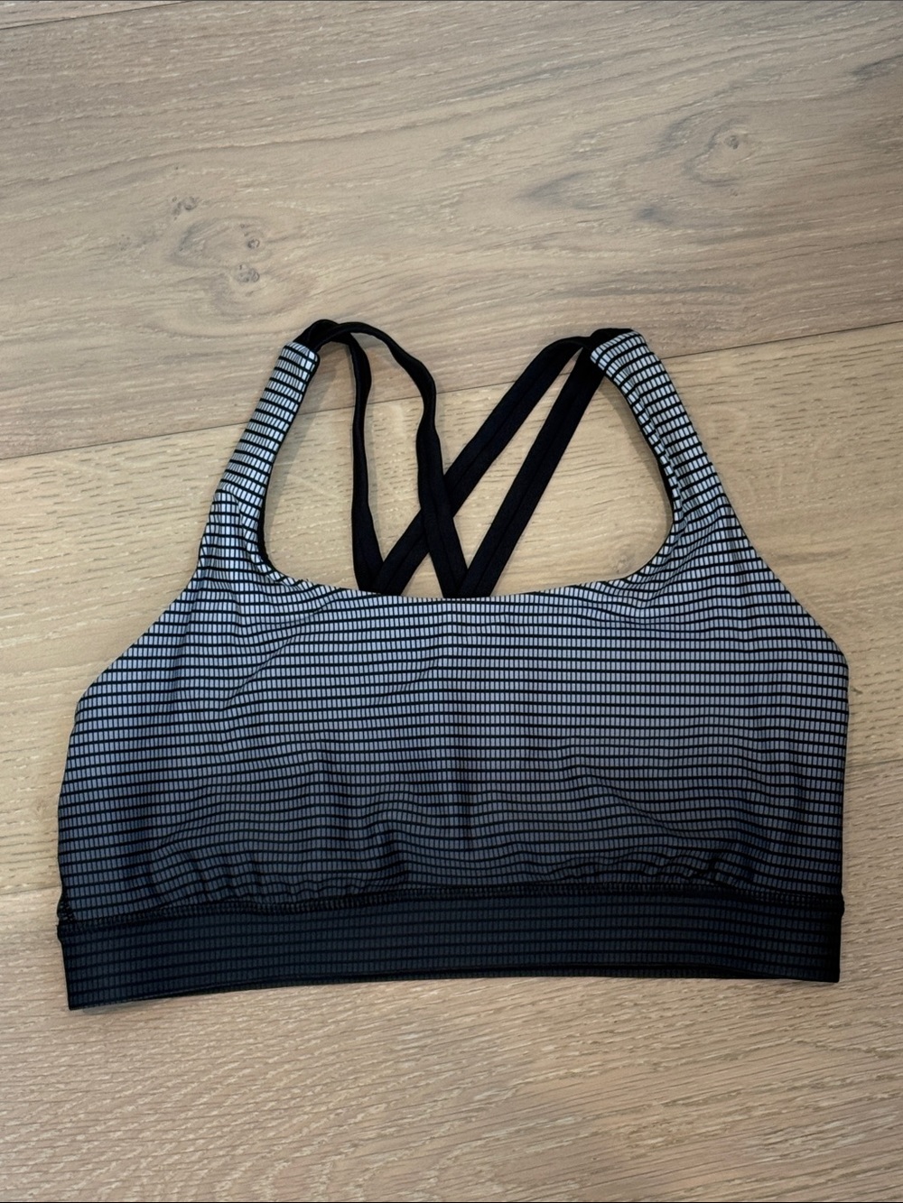 lululemon athletica Black and Gray Striped Crisscross Sports Bra